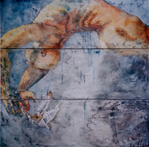 L HOMME ET L OISEAU, gesso, oil & mixte